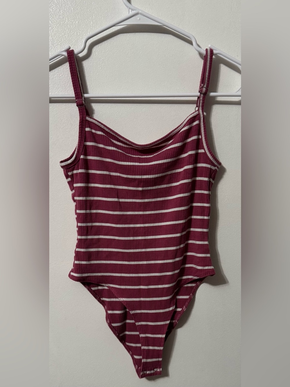 Forever 21 Ribbed Maroon & White Striped Bodysuit